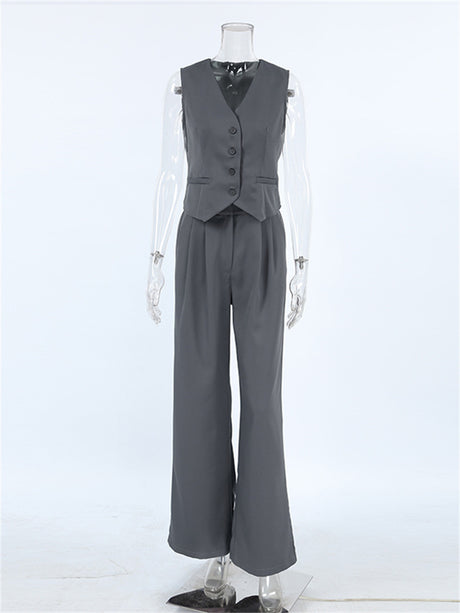 Liber Summer Women's Daily Casual Solid Color V-neck Sleeveless Slim Fit Two-piece Suit