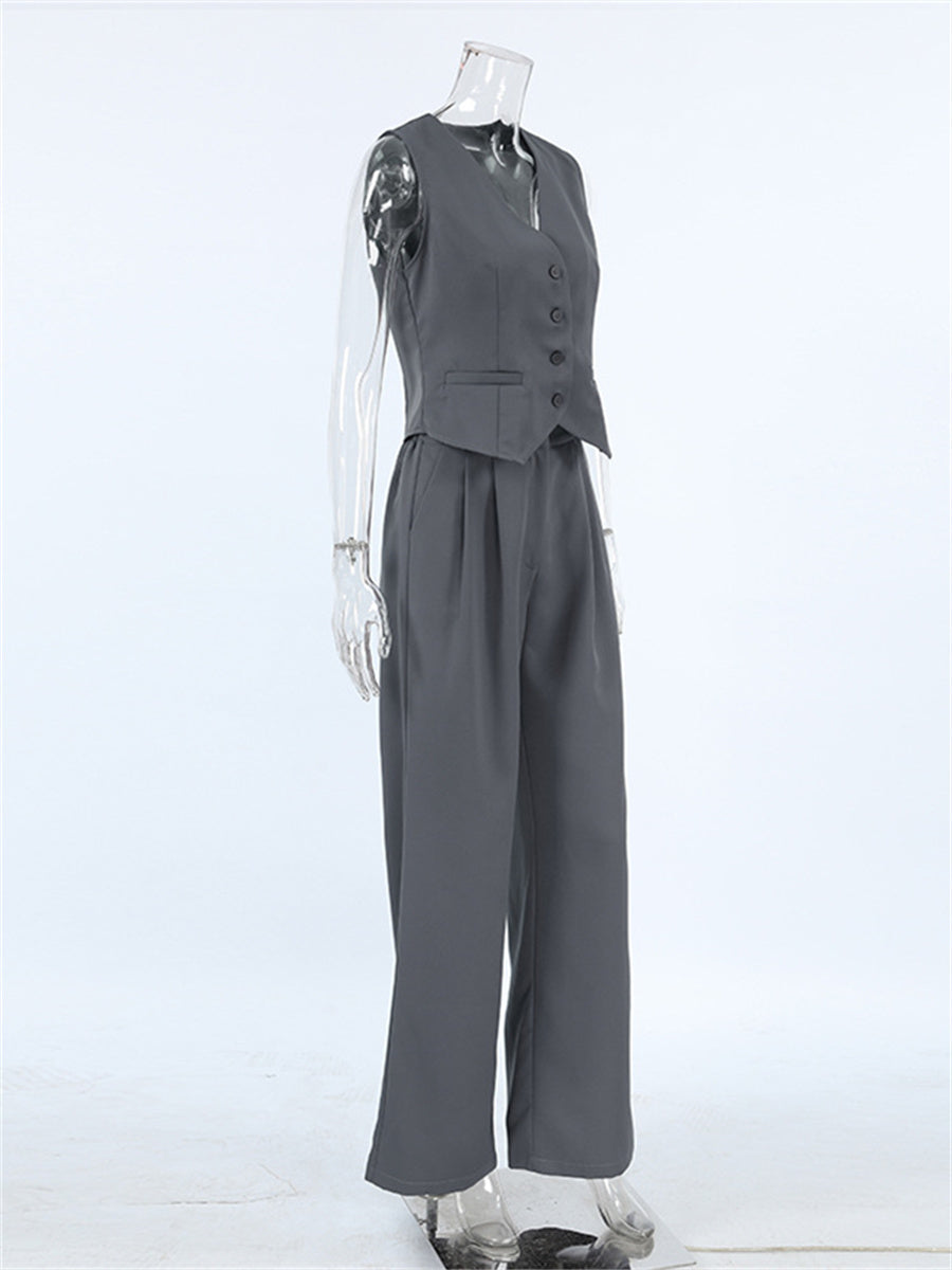 Liber Summer Women's Daily Casual Solid Color V-neck Sleeveless Slim Fit Two-piece Suit