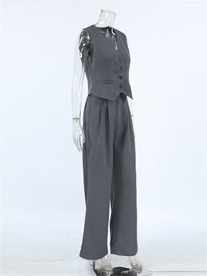 Liber Summer Women's Daily Casual Solid Color V-neck Sleeveless Slim Fit Two-piece Suit