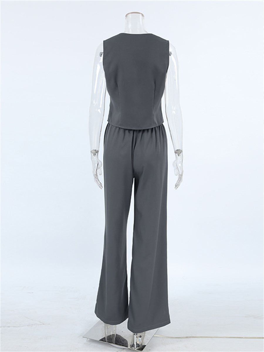 Liber Summer Women's Daily Casual Solid Color V-neck Sleeveless Slim Fit Two-piece Suit