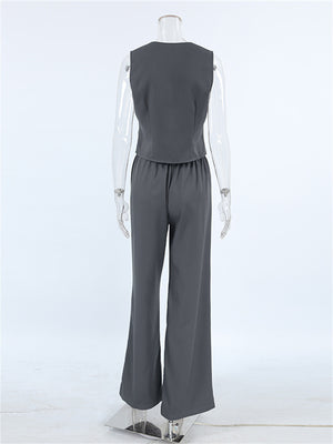 Liber Summer Women's Daily Casual Solid Color V-neck Sleeveless Slim Fit Two-piece Suit