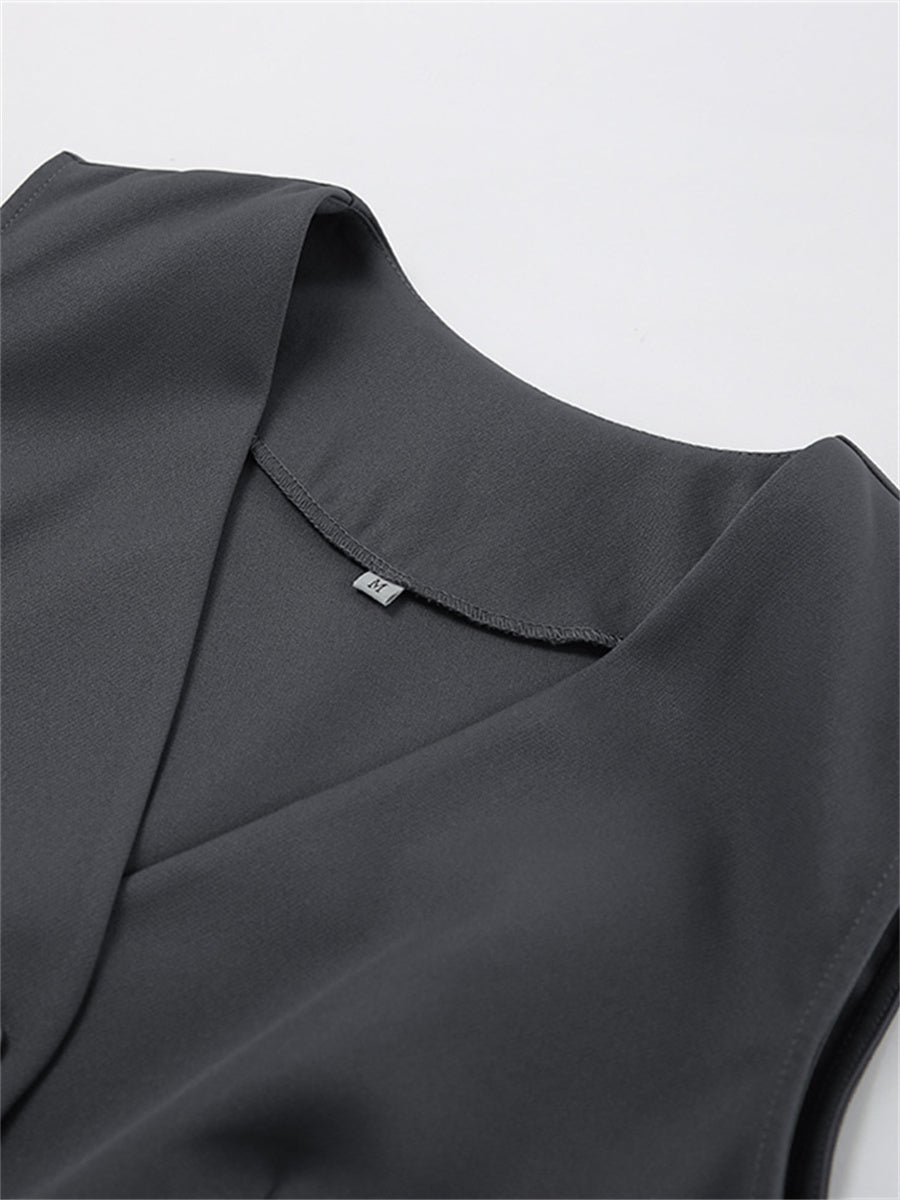 Liber Summer Women's Daily Casual Solid Color V-neck Sleeveless Slim Fit Two-piece Suit