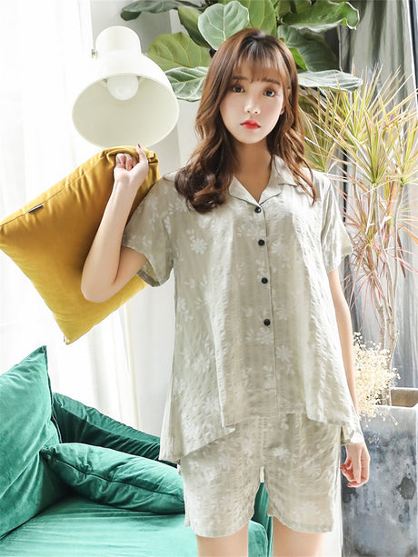 LiberSS women's solid color cuff collar short sleeve slim fit home wear