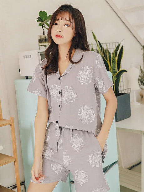 LiberSS women's printed cuff collar short-sleeved slim home wear