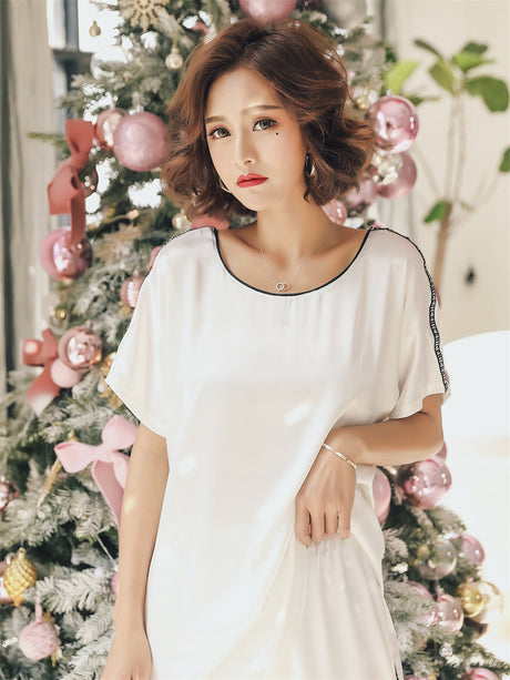 LiberSS women's solid color round neck short sleeve slim home wear