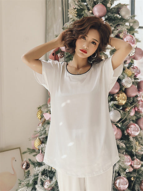 LiberSS women's solid color round neck short sleeve slim home wear