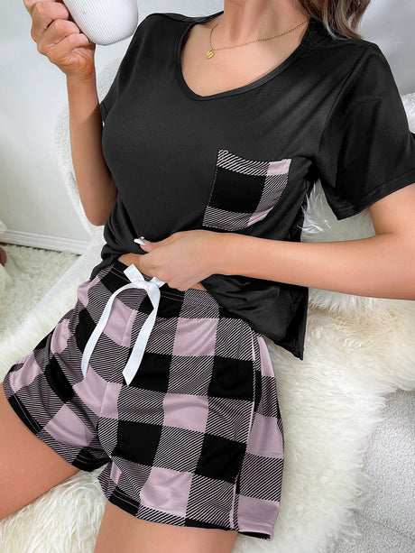 Liber Summer Women's Plaid Round Neck Short Sleeve Slim Pajamas