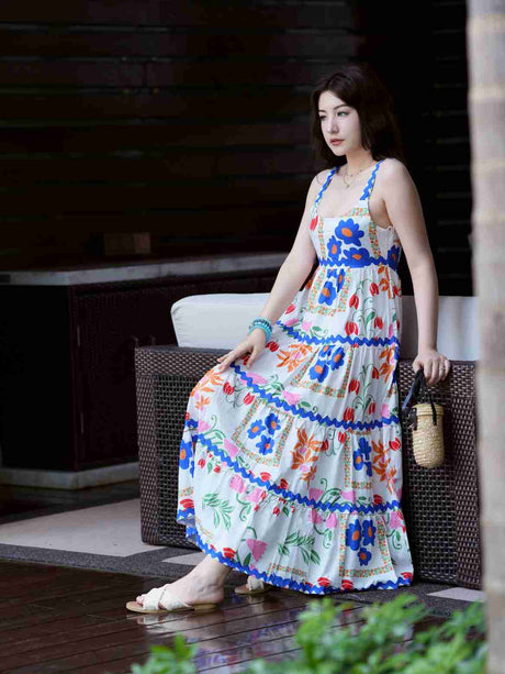 Liber SS Women's Urban Outdoor Print Square Neck Sleeveless Maxi Dress