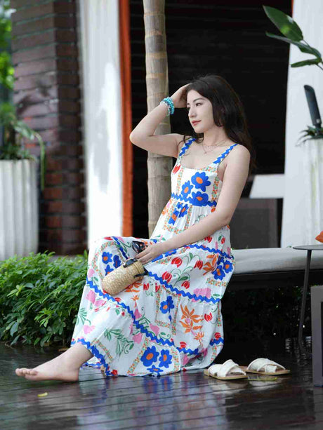 Liber SS Women's Urban Outdoor Print Square Neck Sleeveless Maxi Dress