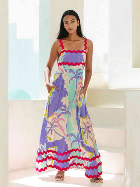 Liber SS Women's Urban Outdoor Print Square Neck Short Sleeve Maxi Dress