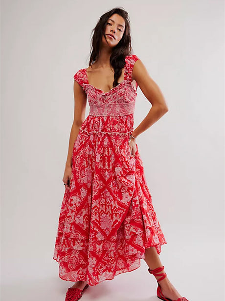 Liber SS Women's Urban Outdoor Solid Color V-Neck Short Sleeve Long Dress