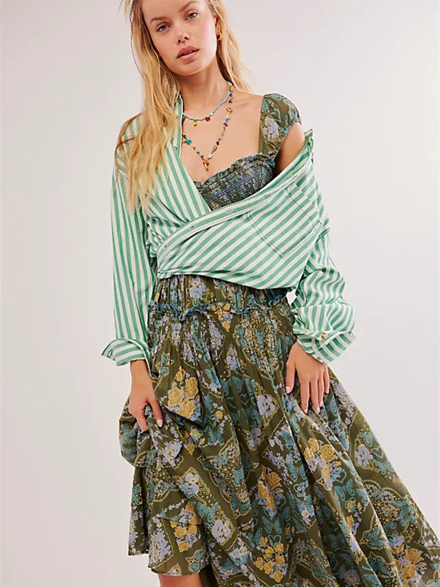 Liber SS Women's Urban Outdoor Solid Color V-Neck Short Sleeve Long Dress