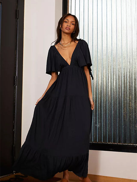 Liber SS Women's Urban Outdoor Solid Color V-Neck Short Sleeve Long Dress