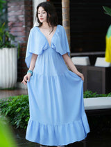 Liber SS Women's Urban Outdoor Solid Color V-Neck Short Sleeve Long Dress