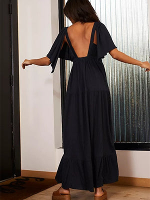 Liber SS Women's Urban Outdoor Solid Color V-Neck Short Sleeve Long Dress