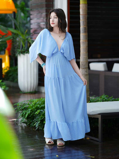 Liber SS Women's Urban Outdoor Solid Color V-Neck Short Sleeve Long Dress