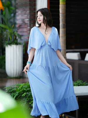 Liber SS Women's Urban Outdoor Solid Color V-Neck Short Sleeve Long Dress