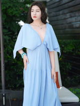 Liber SS Women's Urban Outdoor Solid Color V-Neck Short Sleeve Long Dress