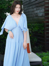 Liber SS Women's Urban Outdoor Solid Color V-Neck Short Sleeve Long Dress