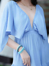 Liber SS Women's Urban Outdoor Solid Color V-Neck Short Sleeve Long Dress