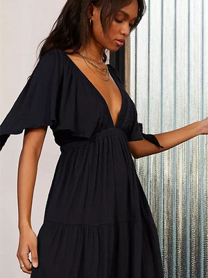 Liber SS Women's Urban Outdoor Solid Color V-Neck Short Sleeve Long Dress