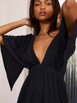 Liber SS Women's Urban Outdoor Solid Color V-Neck Short Sleeve Long Dress