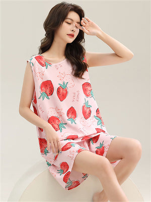 Liber Summer Women's Printed Round Neck Sleeveless Slim Fit Home Clothes