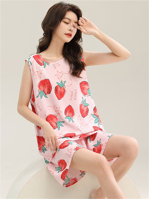 Liber Summer Women's Printed Round Neck Sleeveless Slim Fit Home Clothes