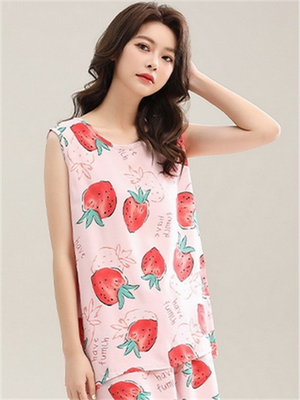 Liber Summer Women's Printed Round Neck Sleeveless Slim Fit Home Clothes