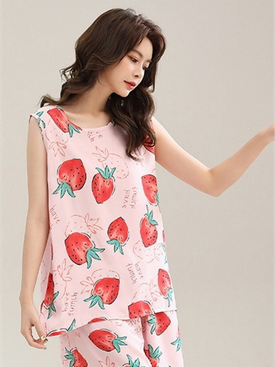 Liber Summer Women's Printed Round Neck Sleeveless Slim Fit Home Clothes