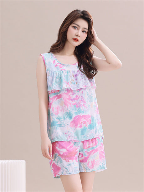 Liber Summer Women's Tie-Dye Round Neck Sleeveless Slim Fit Home Clothes