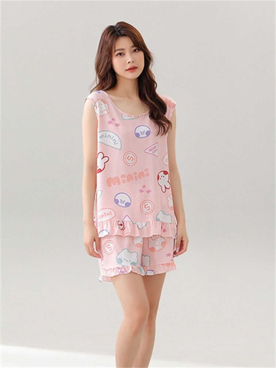 Liber Summer Women's Printed Round Neck Sleeveless Slim Fit Home Clothes