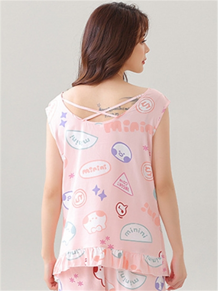 Liber Summer Women's Printed Round Neck Sleeveless Slim Fit Home Clothes