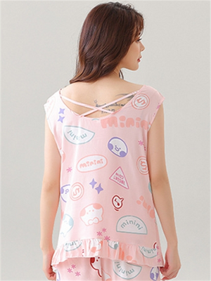 Liber Summer Women's Printed Round Neck Sleeveless Slim Fit Home Clothes