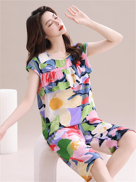Liber Summer Women's Printed Round Neck Sleeveless Slim Fit Home Clothes