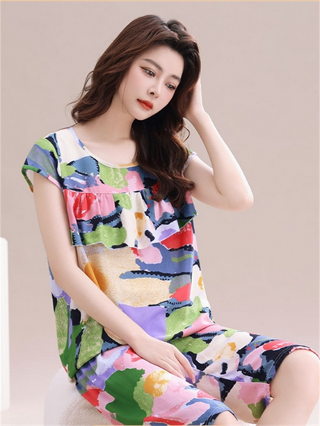 Liber Summer Women's Printed Round Neck Sleeveless Slim Fit Home Clothes