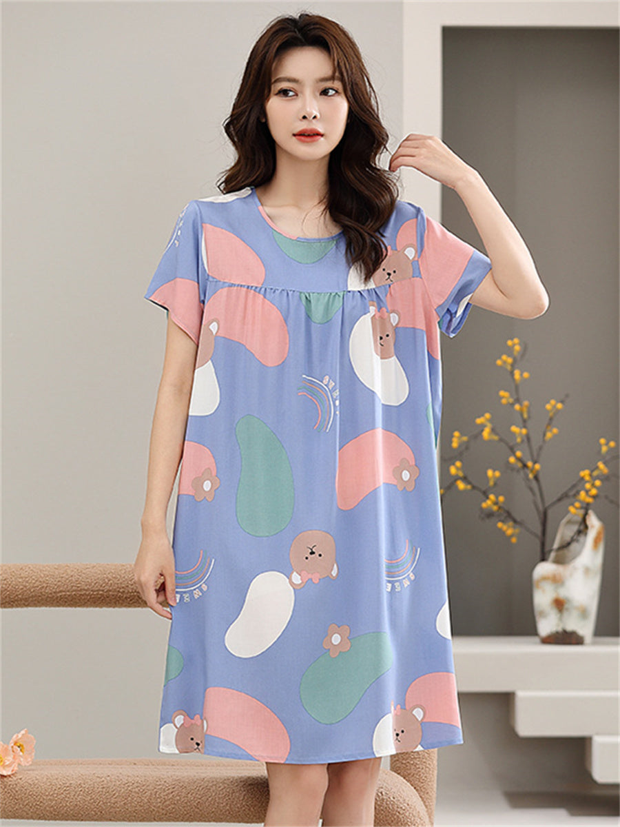 Liber summer women's print round neck short sleeve loose home wear
