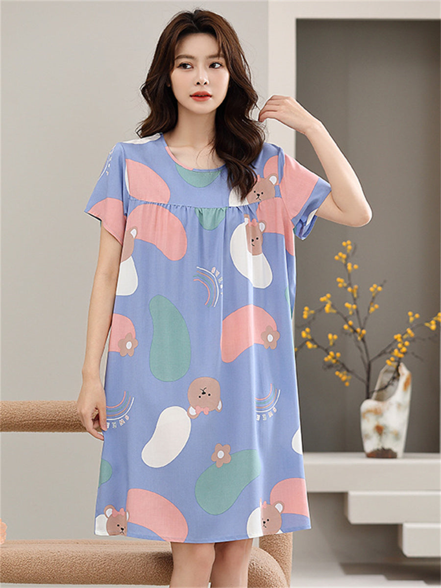 Liber summer women's print round neck short sleeve loose home wear