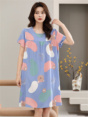 Liber summer women's print round neck short sleeve loose home wear