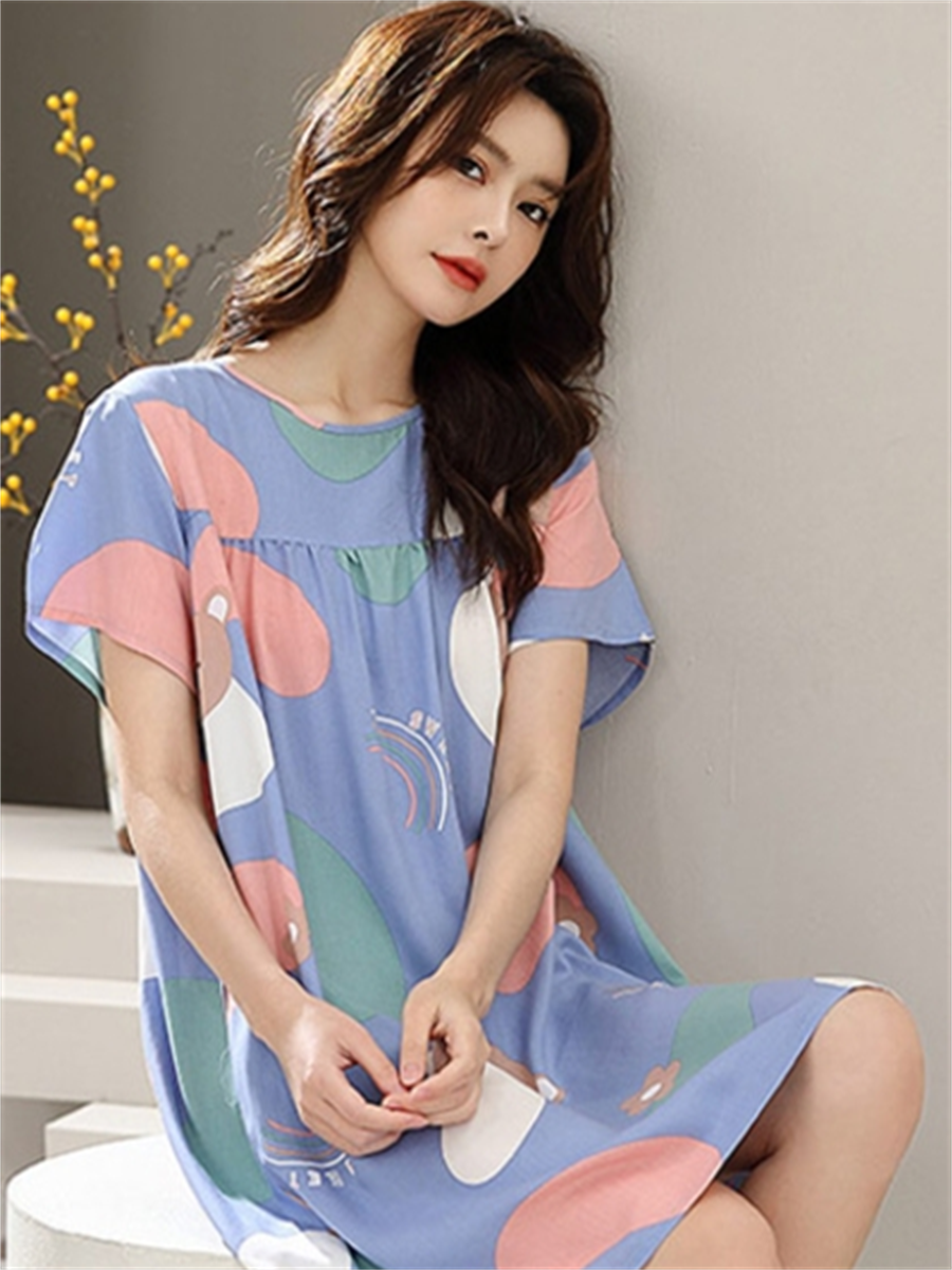 Liber summer women's print round neck short sleeve loose home wear