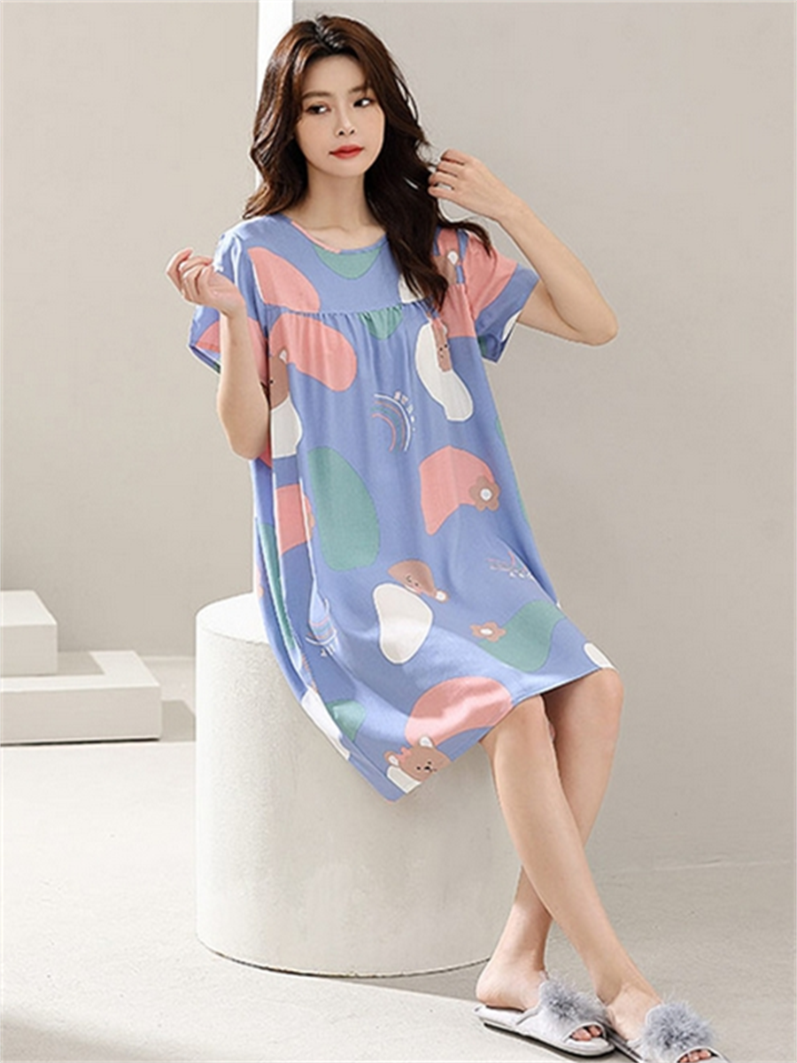 Liber summer women's print round neck short sleeve loose home wear