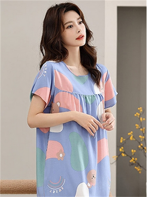 Liber summer women's print round neck short sleeve loose home wear