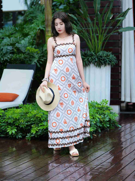 Liber SS Women's Urban Outdoor Print Square Neck Sleeveless Maxi Dress