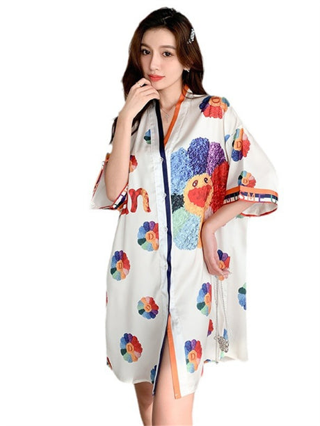 Liber Summer Women's Printed V-Neck Short Sleeve Loose Pajamas