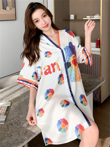 Liber Summer Women's Printed V-Neck Short Sleeve Loose Pajamas