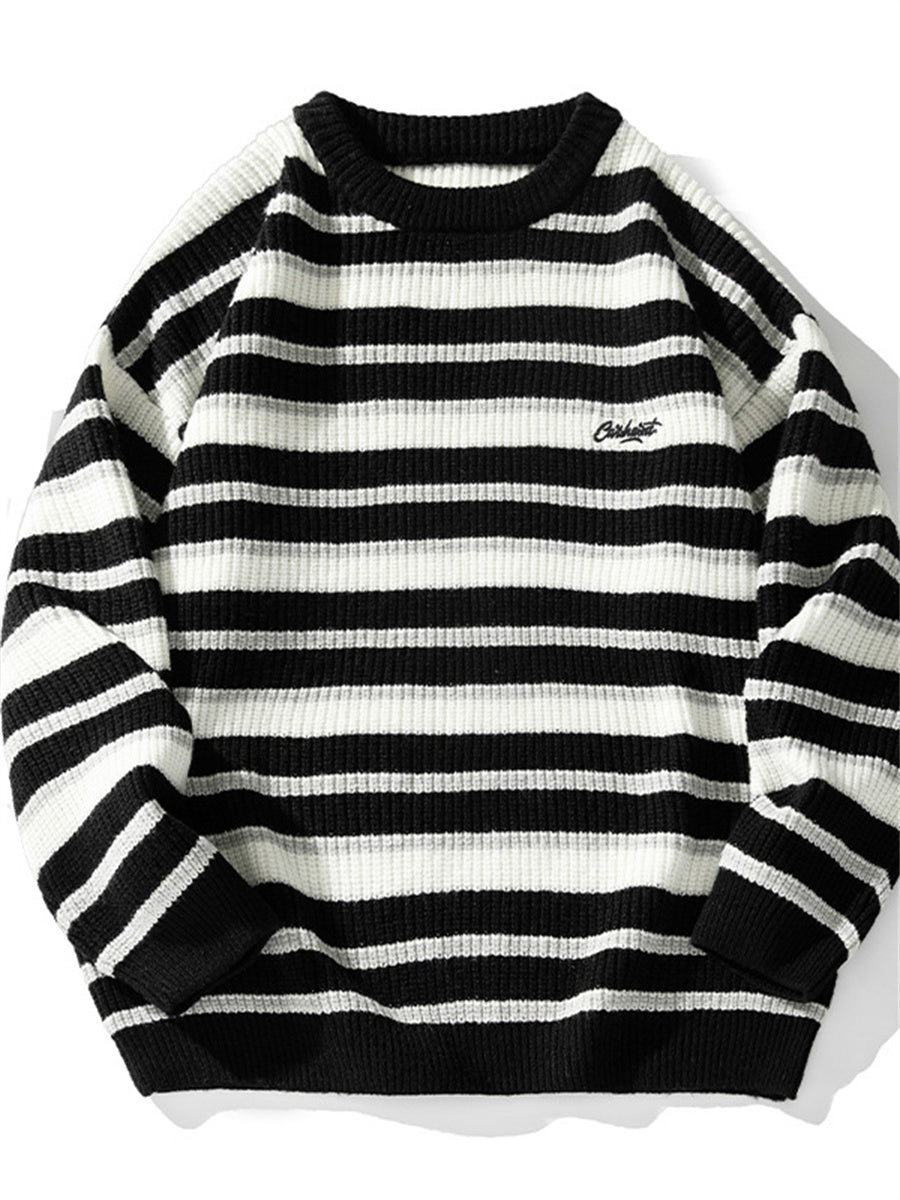 Liber Men's Autumn Hip Hop Striped Round Neck Long Sleeve Loose Sweater