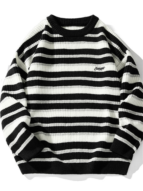 Liber Men's Autumn Hip Hop Striped Round Neck Long Sleeve Loose Sweater