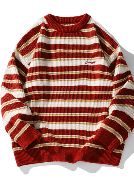 Liber Men's Autumn Hip Hop Striped Round Neck Long Sleeve Loose Sweater