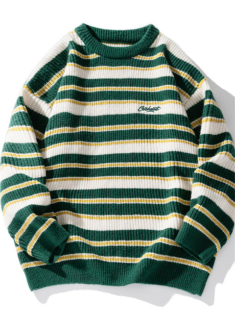 Liber Men's Autumn Hip Hop Striped Round Neck Long Sleeve Loose Sweater