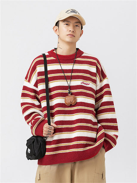 Liber Men's Autumn Hip Hop Striped Round Neck Long Sleeve Loose Sweater